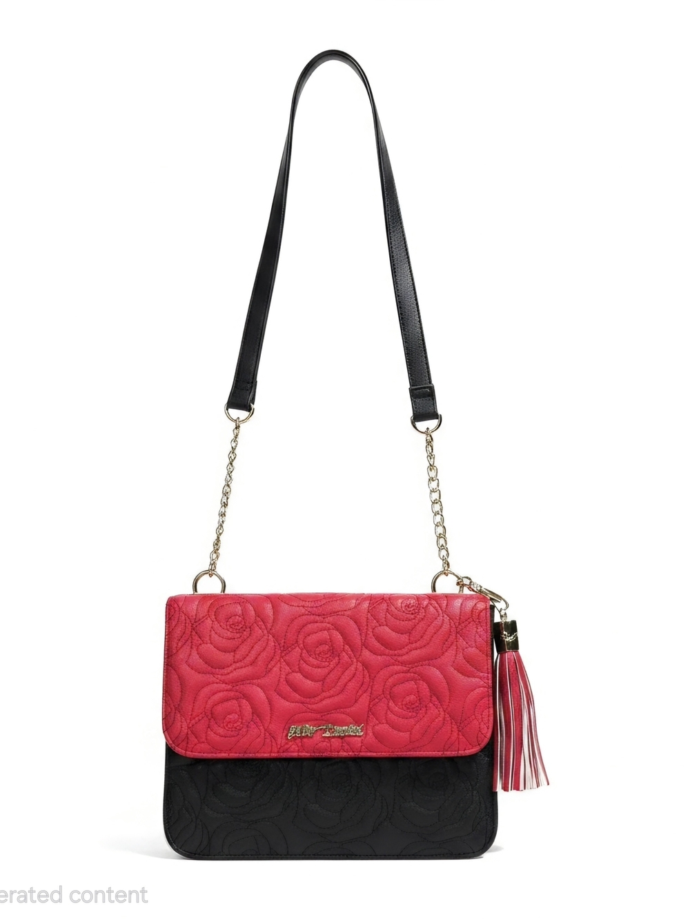 Betsey Johnson Pink and Black Rose-Embossed Shoulder Bag with Tassel